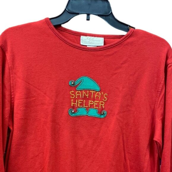 Xmas Santas Helper Novelty Tshirt MC Sportswear L Red Elf Rhinestones Kitschy - Picture 5 of 10